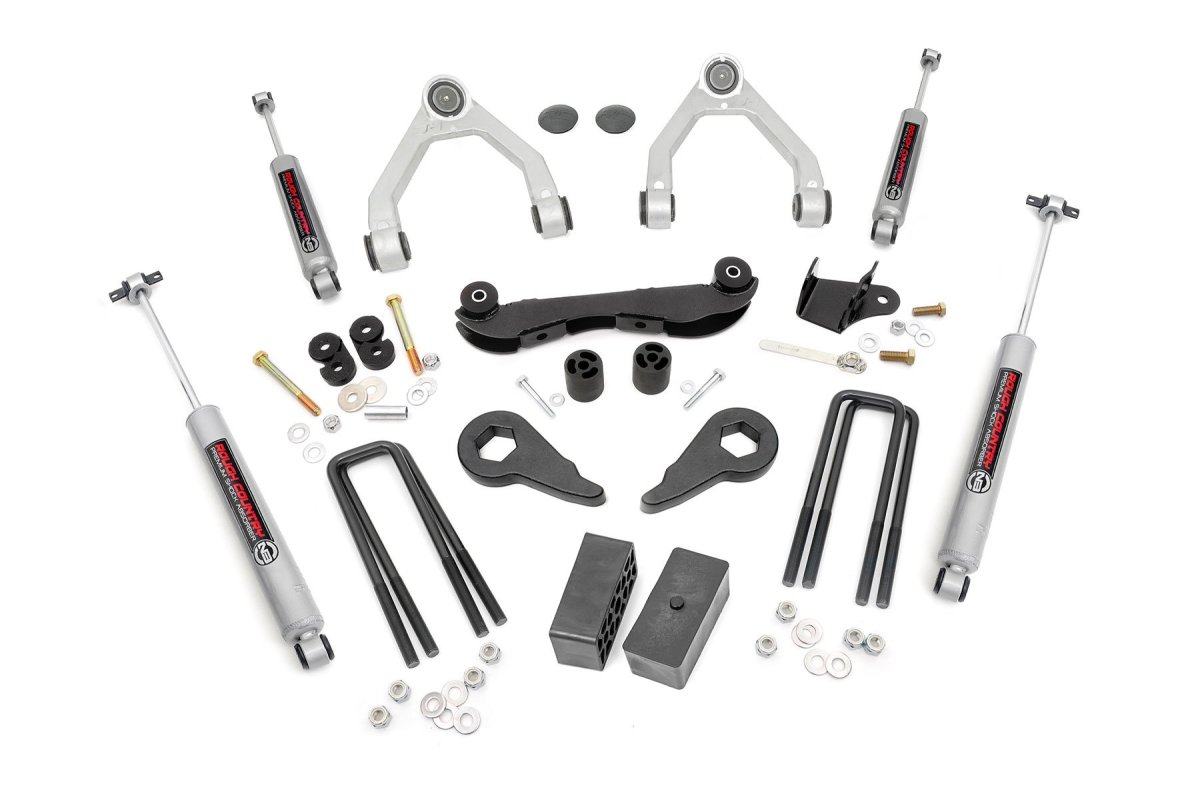 GMC K1500 Suburban Suspension Lift Kit - Rear - Rough Country - 2-3 Inch Lift with Forged Aluminum Upper Control Arms and N3 Shock Absorbers - Red - '92-'99